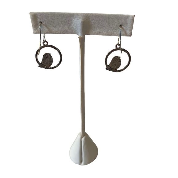 Sweet Looking Lightweight Brushed Silver Toned Bird Inside a Circle Earrings. - Picture 4 of 5